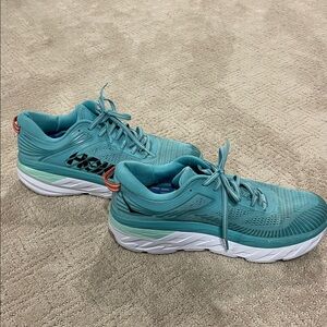 Hoka Teal Running Shoes with White and Green Soles